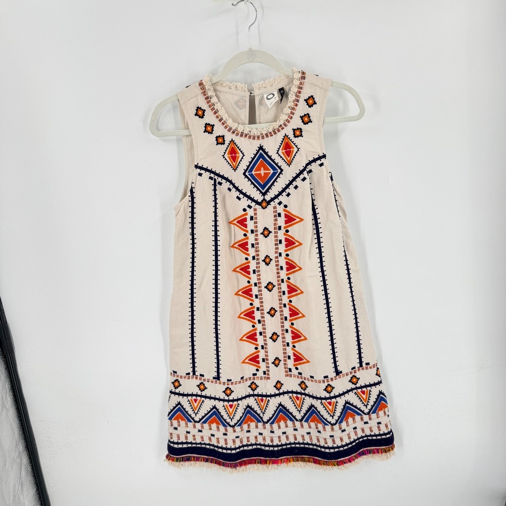 Anthropologie Akemi + Kin Reagan Shift Dress Embroidered Fringe Linen Size 2 - Picture 2 of 8